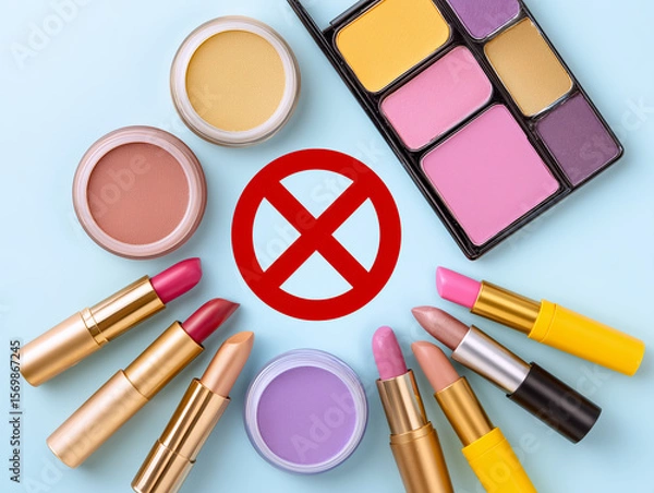 Fototapeta Exploration of Colorful Makeup Palettes and Lipsticks Surrounded by a Prohibition Symbol