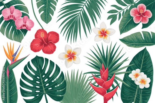 Fototapeta Vibrant tropical foliage and exotic flowers create a lush and colorful floral pattern