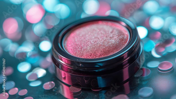 Fototapeta Pink Glitter Cream Blush in Glossy Container on Reflective Tile,pink sparkle cosmetics close-up, beauty marketing visual