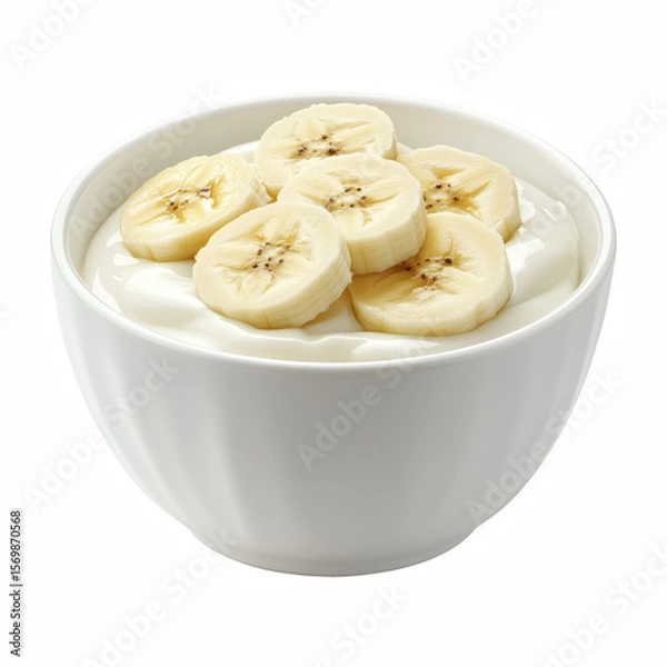 Fototapeta White ceramic bowl of yogurt topped with banana slices isolated on transparent background.