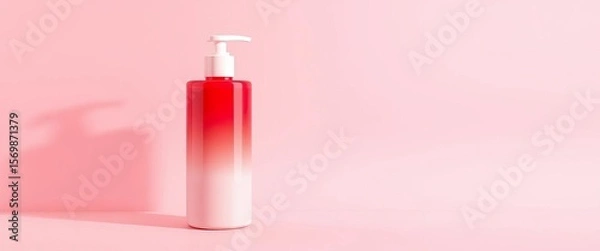 Fototapeta Three gradient lotion bottles in pink, red, and coral tones on a soft pink background,   beautycare,   tone