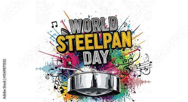 Fototapeta Colorful graphic design celebrating World Steelpan Day, featuring musical notes and a steelpan drum.