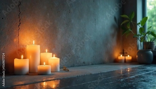 Fototapeta Serene Candlelight Soft Shadows and Textured Walls Create a Peaceful Atmosphere Ideal for Meditation, Yoga, and Mindfulness Practices