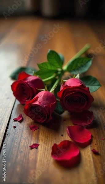Fototapeta Wilting Red Roses A Symbol of Deceitful Romance and Heartbreak on Polished Wood