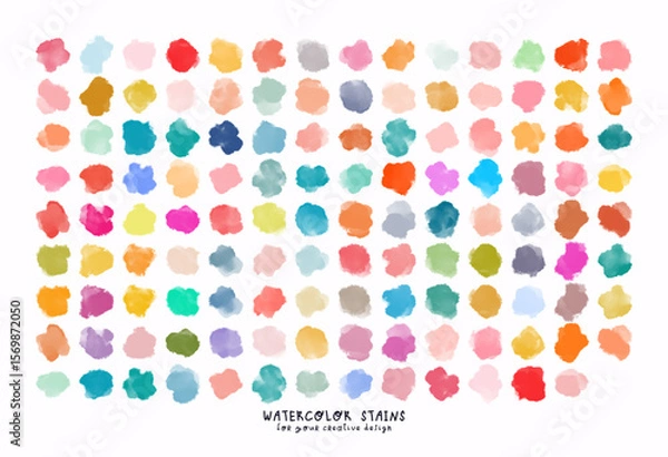 Fototapeta Set of colorful watercolor hand painted different shapes, stains, circles, blobs isolated on white background. Vector elements for design