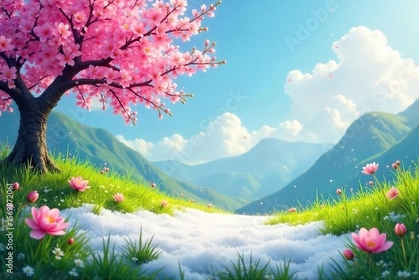 Fototapeta Springs Embrace Melting Snow Meets Blossoming Flowers, a Whimsical Juxtaposition of Seasons in Natures Artistry.