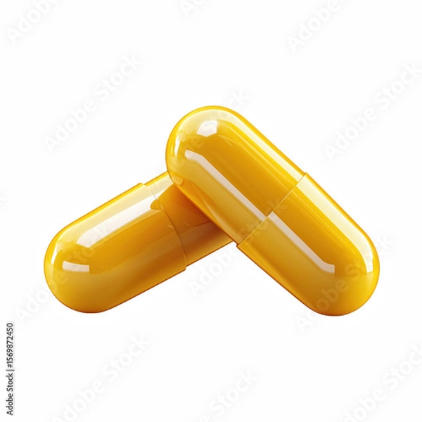 Fototapeta Two glossy yellow capsules with smooth pharmaceutical design isolated on transparent background.