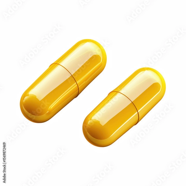 Fototapeta Two glossy yellow capsules with smooth pharmaceutical design isolated on transparent background.