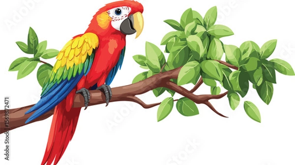 Fototapeta Colorful Scarlet Macaw Perched on a Branch with Green Leaves