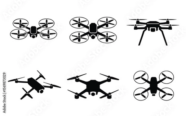 Fototapeta Drone Icon Collection – Quadcopters and Hexacopters in Black Silhouette Style
