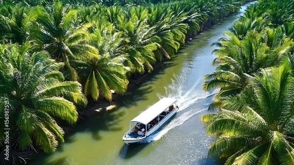 Fototapeta Aerial View Tourist Boat Green Palm Trees River image