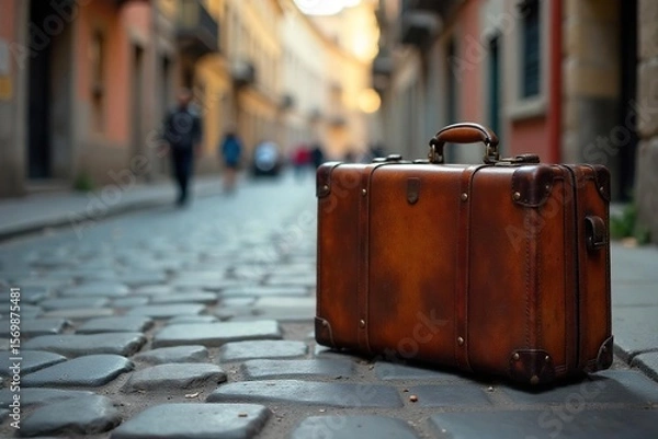 Fototapeta Vintage Leather Suitcase on Cobblestone Street, Ready for Adventure - A nostalgic image evoking journeys, exploration, and untold stories of heritage and expedition.