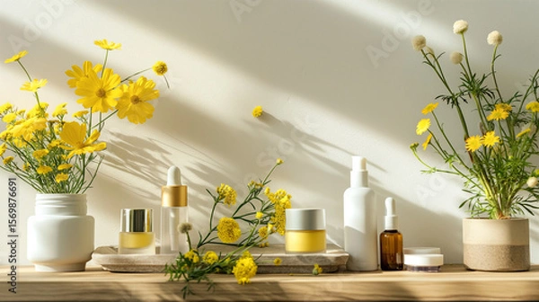 Fototapeta Yellow Flowers and Skincare Products on a Shelf ,wellness corner with flowers, warm tone skincare branding, self-care essentials with flowers.