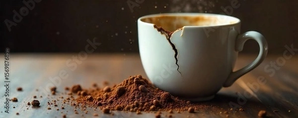 Fototapeta Broken Coffee Mug Close-up of Cracked Ceramic Cup with Spilled Coffee Grounds, Evoking a Sense of Accident and Fragility