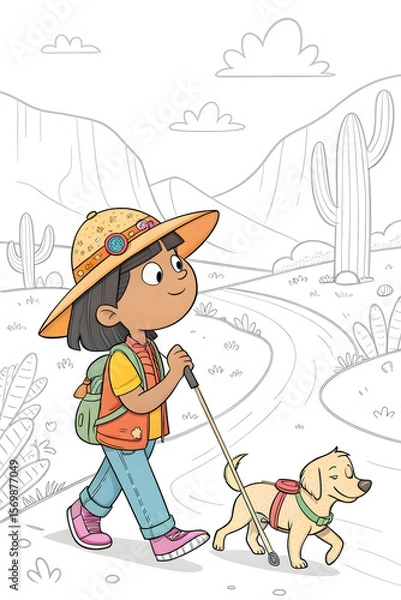 Fototapeta Coloring page of a child hiking with a dog in a desert landscape, featuring cacti and mountains
