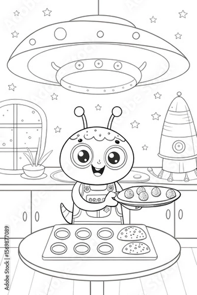 Fototapeta Alien cartoon character with joy baking cookies in a cozy kitchen background