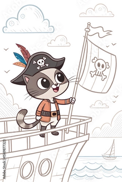Fototapeta Adventurous pirate cat character happily waving a flag on a ship with ocean background
