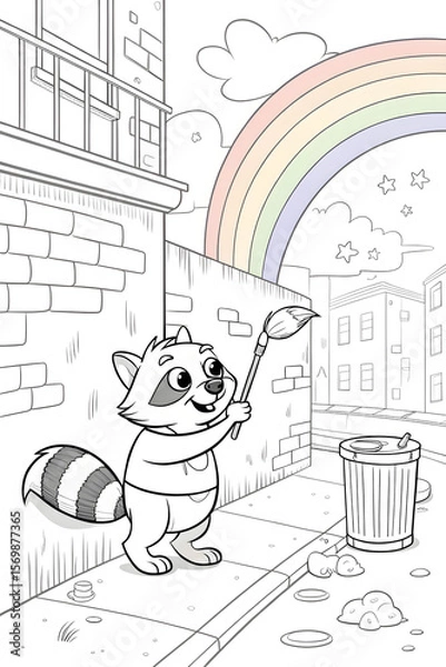 Fototapeta Joyful raccoon character playing with a stick under a rainbow in a colorful urban setting