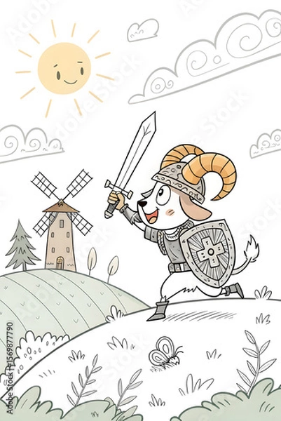 Fototapeta Cartoon sheep warrior smiling, holding sword, standing on hill with windmill in background, copy space
