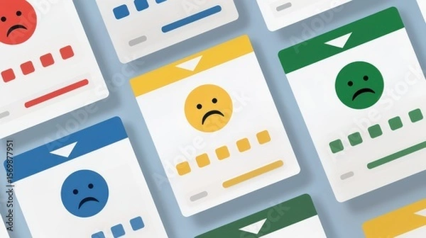 Fototapeta Cards with sad face emoticons in red, blue, yellow, and green, resembling feedback or rating forms with colored bars and text placeholders.
