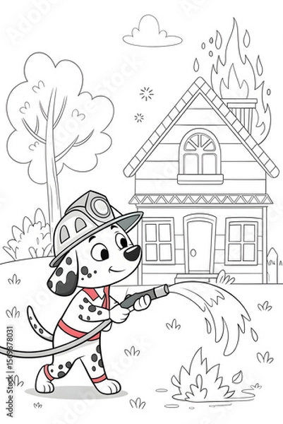 Fototapeta Cartoon dalmatian puppy firefighter, spraying water on fire, standing in front of house, copy space
