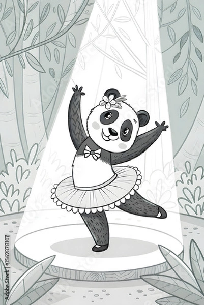 Fototapeta Cartoon panda ballerina performing, smiling in spotlight, surrounded by forest, copy space

