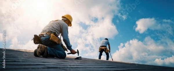 Obraz The skilled workers installing roofing under a bright blue sky with clouds.