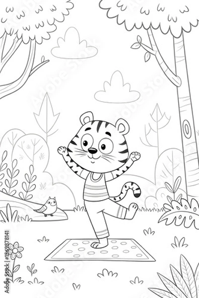 Fototapeta Cartoon tiger cub practicing yoga, smiling on mat in nature, surrounded by trees, copy space
