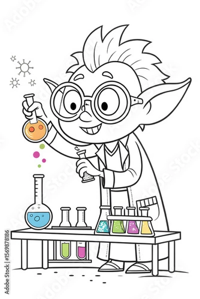 Fototapeta Cartoon scientist elf mixing potions, smiling in laboratory, holding flask, copy space
