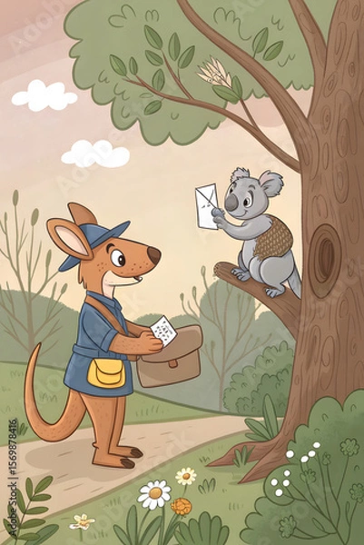 Fototapeta Cartoon kangaroo delivering a letter to a koala sitting on a tree in a colorful landscape