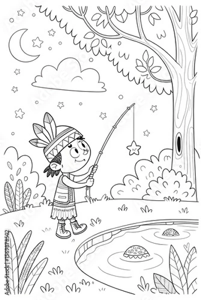 Fototapeta Cartoon child fishing for stars, smiling under the moonlight, beside a pond in nature, copy space
