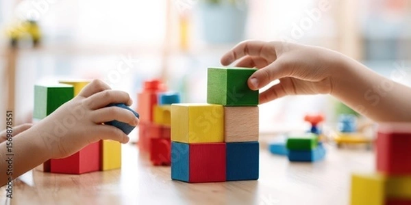 Fototapeta The joyful hands of children building with colorful toy blocks at playtime.