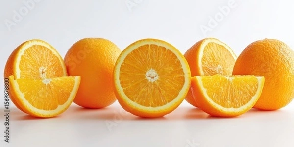Fototapeta The vibrant display of fresh oranges and their deliciously juicy slices.