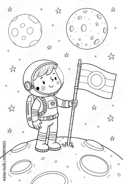 Fototapeta Cartoon astronaut boy planting flag on moon, smiling with planets in background, copy space
