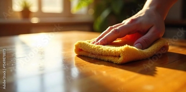 Fototapeta Sunlight Illuminates Polished Wood A Close-Up of a Buffing Cloth Enhancing a Rich, Warm Wooden Surface