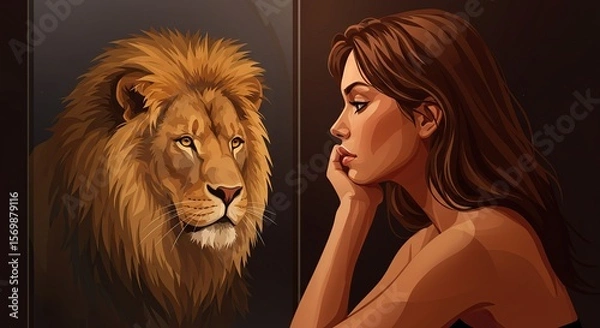 Fototapeta Woman Gazing at Her Lion Reflection in a Mirror - Powerful and conceptual illustration of inner strength, self-discovery, and embracing one's true nature.