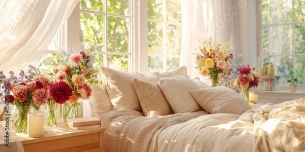 Fototapeta The Bright Bedroom Adorned with Colorful Flowers and Natural Light