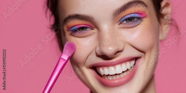 Fototapeta The vibrant beauty model showcasing colorful makeup and a joyful smile.