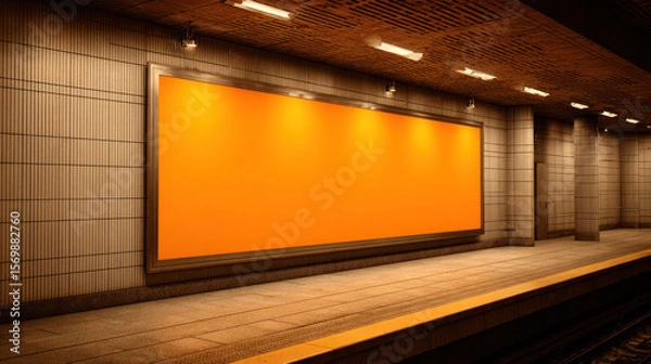 Fototapeta Empty orange billboard in a subway station