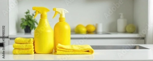 Fototapeta Bright Yellow Cleaning Supplies Ready for Spring Cleaning A Cheerful and Organized Countertop Scene, Ideal for Housekeeping and Disinfectant Imagery