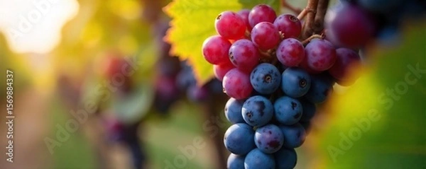 Fototapeta Sun-Drenched Pinot Noir Grapes Ready for Harvest Close-up of Ripe Berries Glowing with Deep Purple Hues