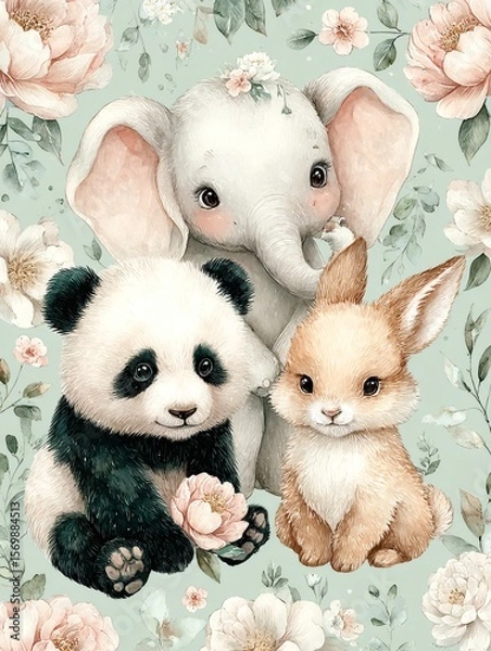 Fototapeta Endearing Trio of Baby Elephant, Panda & Bunny Watercolored on Mint Canvas