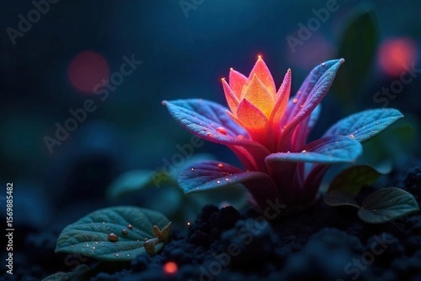 Fototapeta Bioluminescent Alien Plant Glowing Softly in the Dark, Intricate Leaves and Vibrant Otherworldly Colors, Perfect for Sci-Fi, Fantasy, or Surreal Backgrounds.