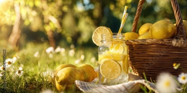 Fototapeta The refreshing lemonade in a sunny garden with fresh lemons and flowers.