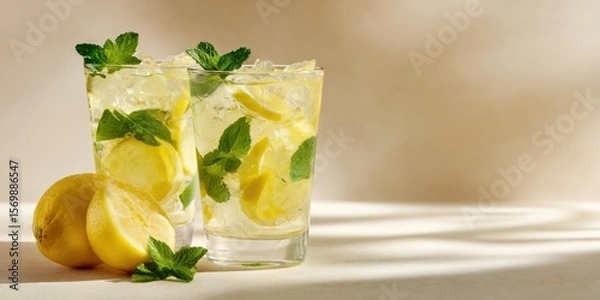 Fototapeta The refreshing lemonade served in glasses with ice and mint garnish.