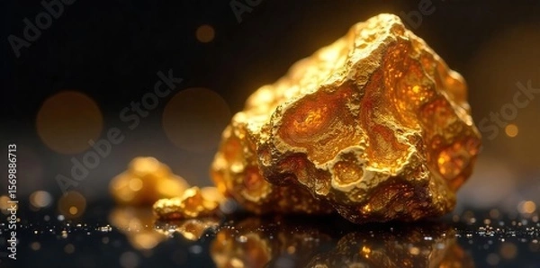 Fototapeta Shimmering Golden Nugget Close-up Revealing Rich Texture and Precious Details Against a Dark Background