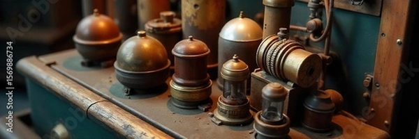 Fototapeta Vintage Electrical Components A Nostalgic Close-Up of Aged Brass and Porcelain Insulators, Wires, and Retro Machine Parts, Showcasing the History of Electrical Engineering.