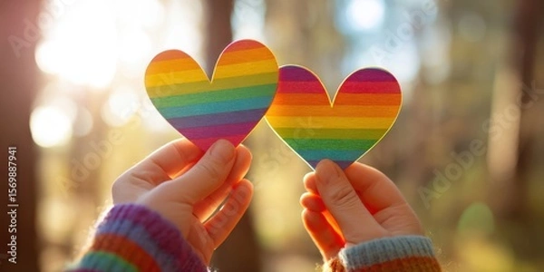 Fototapeta The vibrant hearts celebrating love and diversity in a beautiful natural setting.