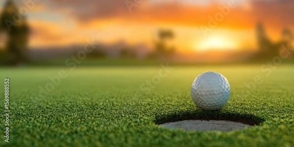 Fototapeta The golf ball resting near the hole at sunset on a beautiful golf course.