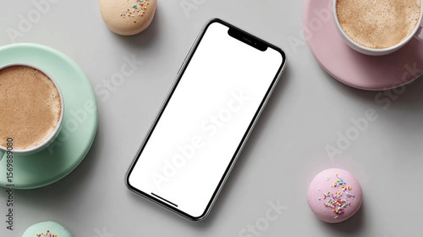 Fototapeta Smartphone displaying social media feed, surrounded by coffee and pastries